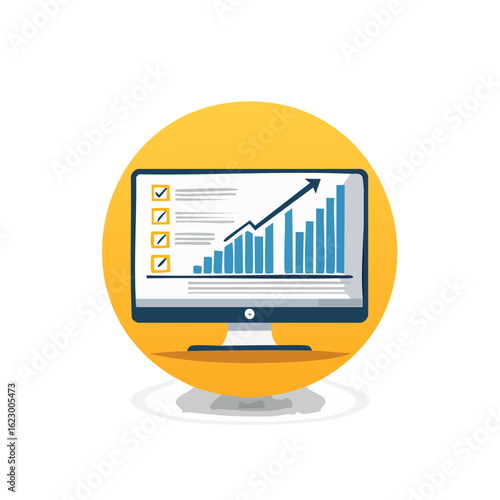 Business growth shown on monitor with checklists and upward bar graph illustration