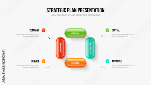 Advertising Analysis Slideshow Design Vector Illustration. Investor Plan 4 Option Infographic Slide Layout. Visual Report Four Element Diagram Presentation Template.