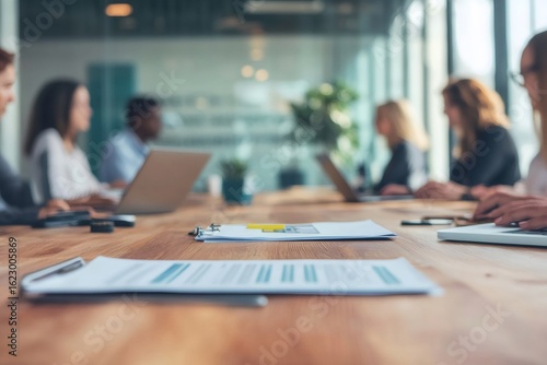 Documents lying on meeting table with businesspeople working on laptops in the background, concept of teamwork and analysis