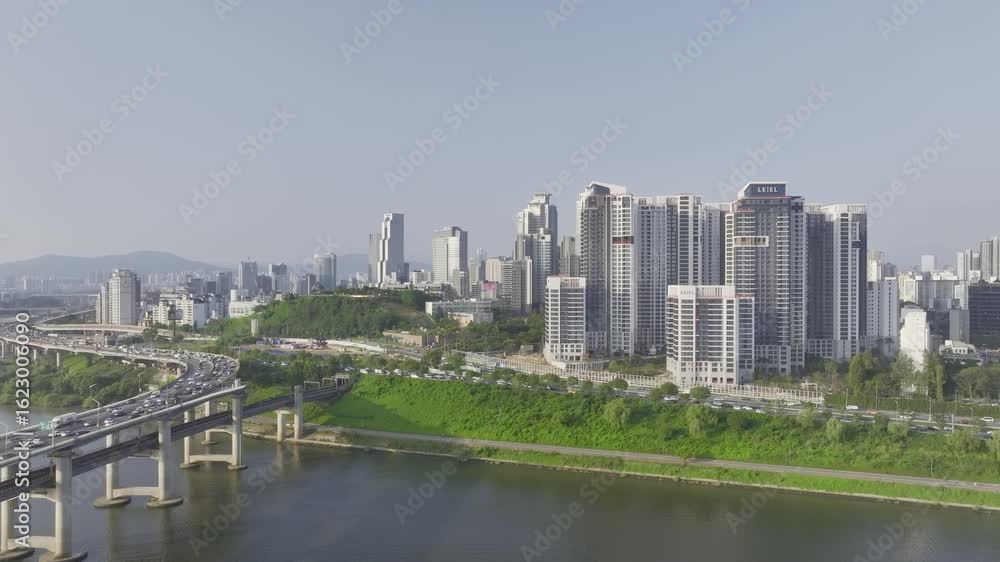 Drone View of Seoul city in South Korea, Ttukseom Island, Cheongdam Bridge, Summer Drone View of Seoul city in South Korea, Ttukseom Island, Cheongdam Bridge, Summer