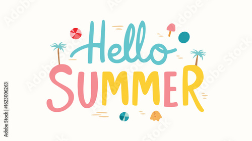 Hello Summer typography design with playful beach icons and pastel tones
