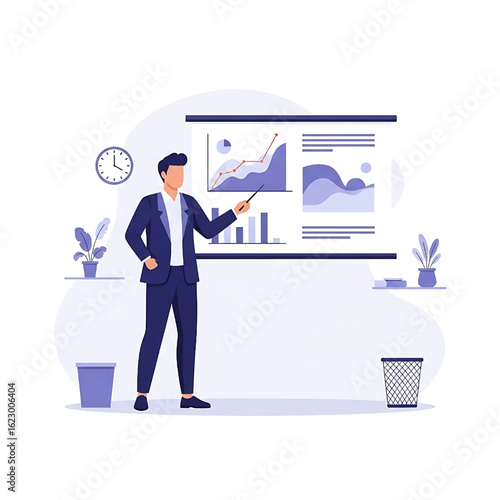 Business presentation concept with businessman pointing at data charts on a screen
