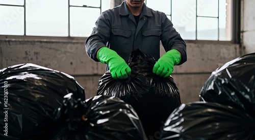 Person in work clothes fills black plastic trash bags