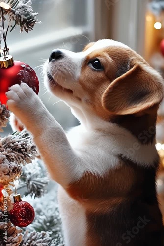 Beagle puppy reaches out with paws, sniffs, glass Christmas tree ball.