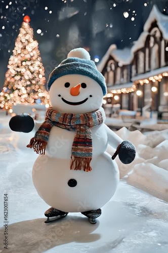 Smiling snowman in scarf and hat enjoys winter evening skating in front of Christmas tree on evening city street.