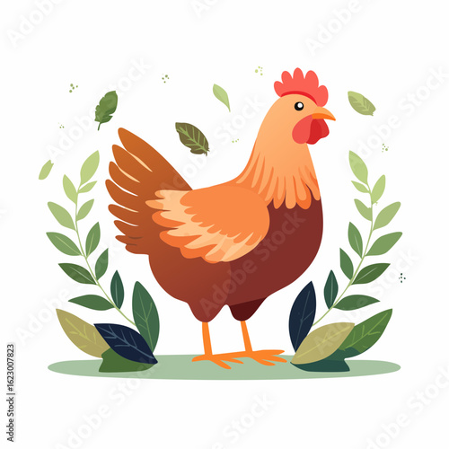 A charming illustration of a chicken amidst lush foliage, evoking a sense of nature and farm life