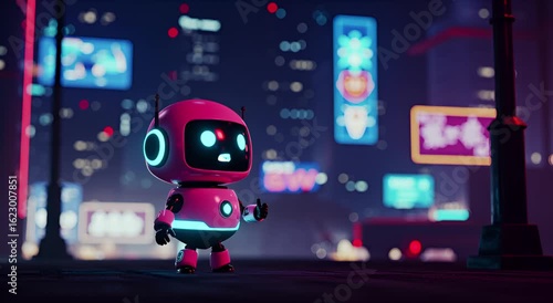 Pink robot in a vibrant neon city at night