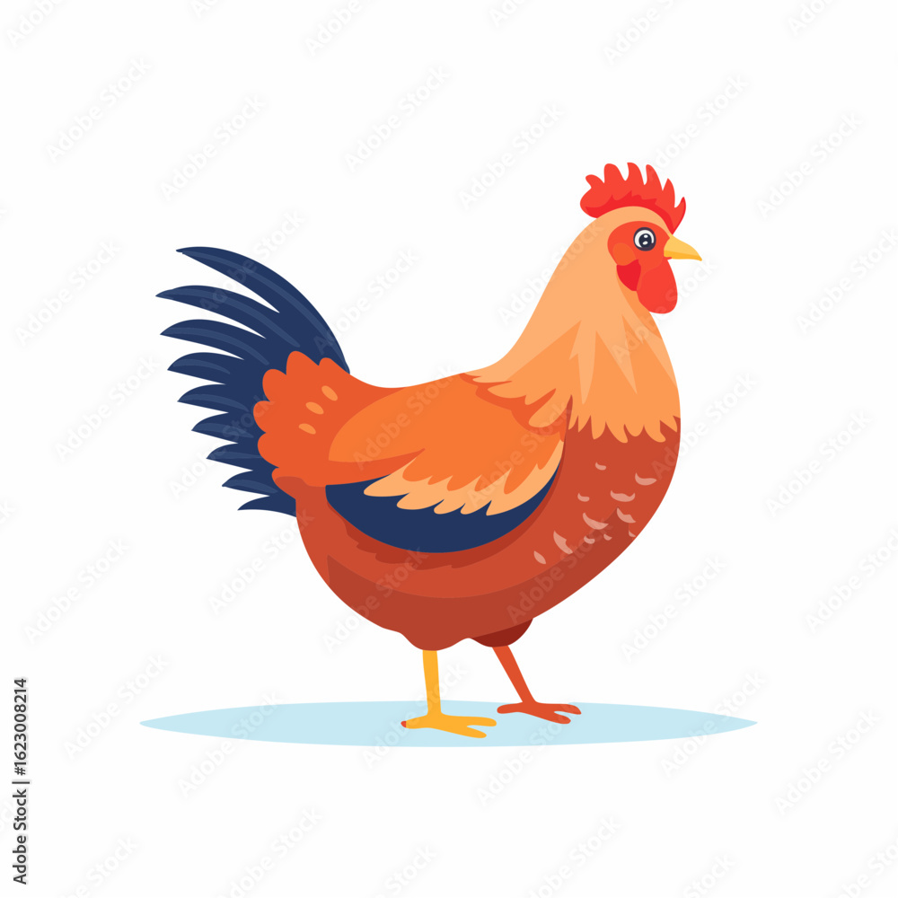 Fototapeta premium Vibrant cartoon rooster illustration featuring orange, red, and blue tones on white backdrop