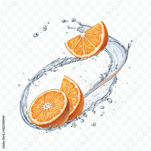 realistic smooth liquid orange into water splash in curve style isolated on transparent background