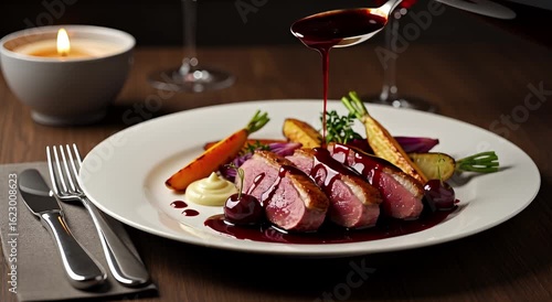Roasted duck breast with cherry sauce, served with roasted vegetables and a creamy sauce