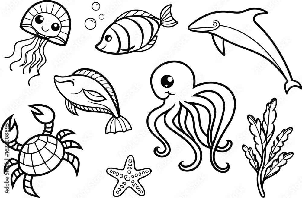 Fototapeta premium Outline drawing of sea creatures including jellyfish fish dolphin octopus crab starfish and seaweed vector art