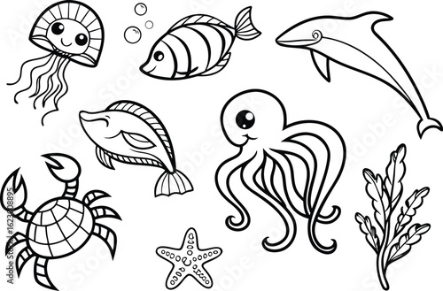 Outline drawing of sea creatures including jellyfish fish dolphin octopus crab starfish and seaweed vector art