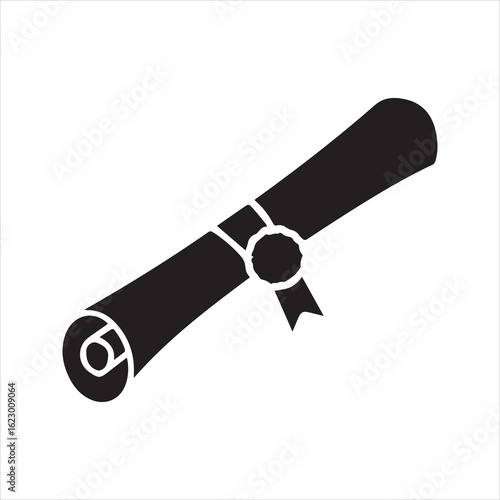 Rolled diploma certificate icon, graduation and education symbol.

