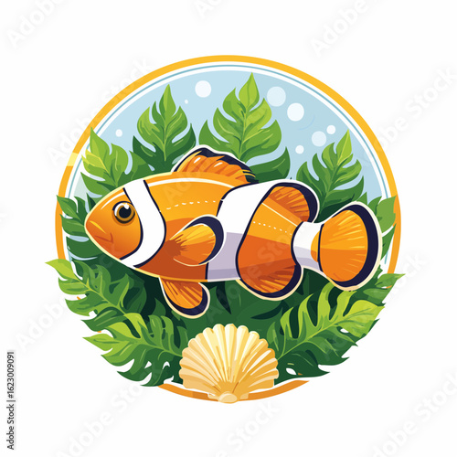 Charming Clownfish Illustration Framed by Tropical Foliage and a Glimmering Seascape