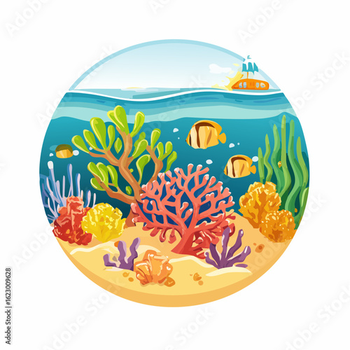 Vibrant underwater world featuring colorful coral reefs, fish, and a distant sailing ship
