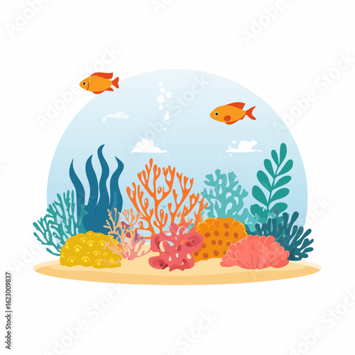Vibrant underwater cartoon scene featuring colorful coral reef and playful orange fish