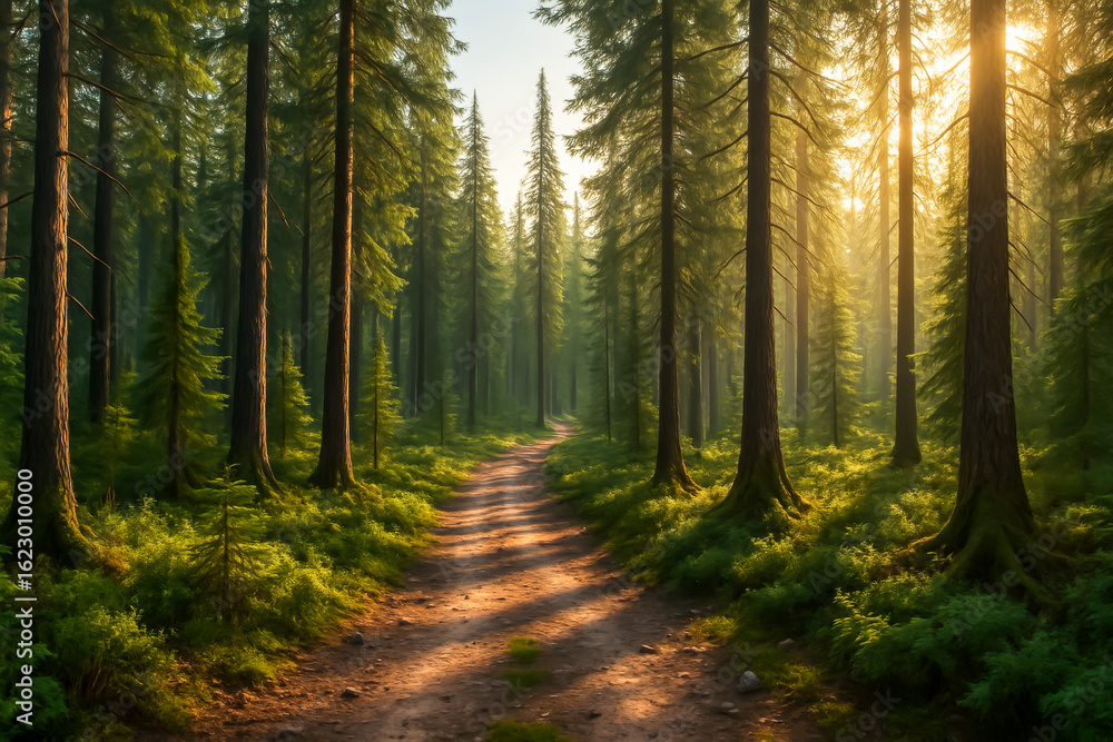 Fototapeta premium Serene forest path illuminated by golden sunlight at dawn