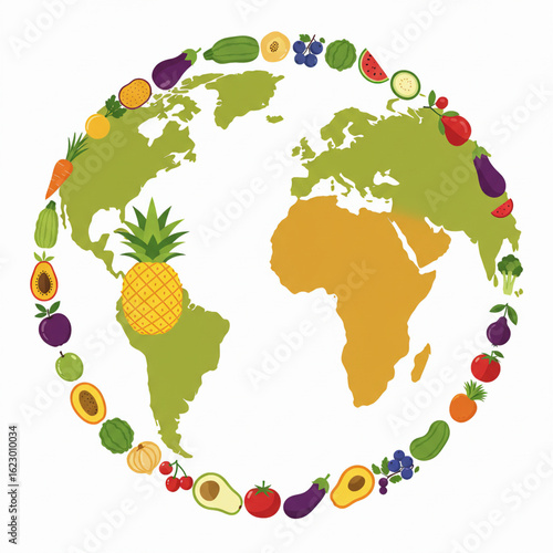 Vector art of planet Earth with fresh produce and meals symbolizing World Food and Fruit Celebration