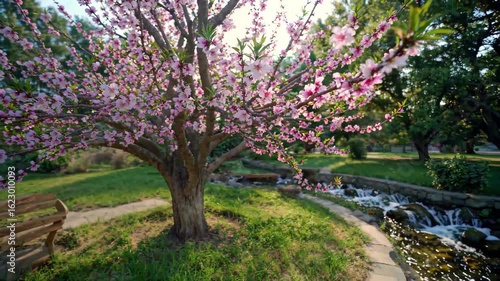 Peach blossom trees and benches in bloom in the park Kasuga Park creek flowing water