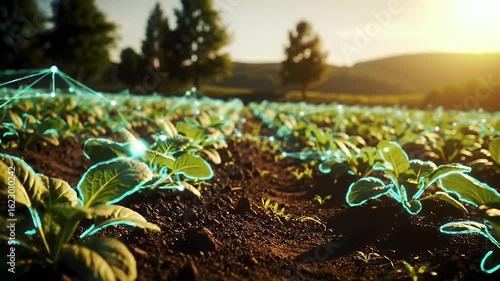 Vibrant Green Plants Flourishing in Farm Field Under Clear Sky with Technological Graphic Overlays at Golden Hour