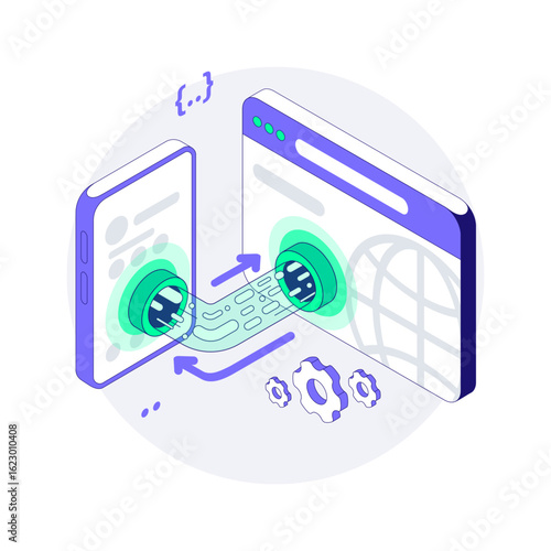 Api connects Mobile and Web applications in Browser. A Pipe that Transmits Information. Data Flows through a secure Pipe. Cross platform communication. Isometric Vector illustration
