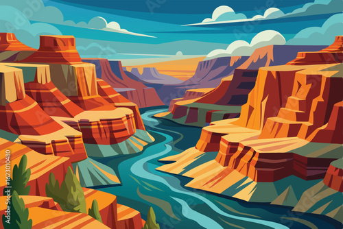 Grand Canyon Landscape With River, Sandstone Cliffs, Blue Sky and White Clouds