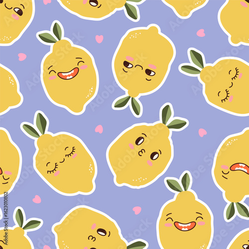 Cute kawaii lemons fruits character seamless pattern. Cozy childish background texture tor textile