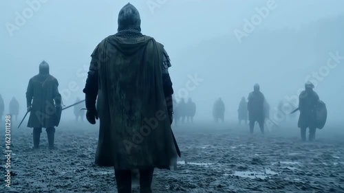 Medieval Knights Marching Through Fog, Epic Battle Scene