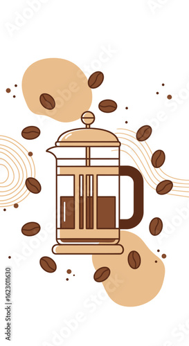 Stylized French press coffee maker with floating coffee beans and abstract shapes