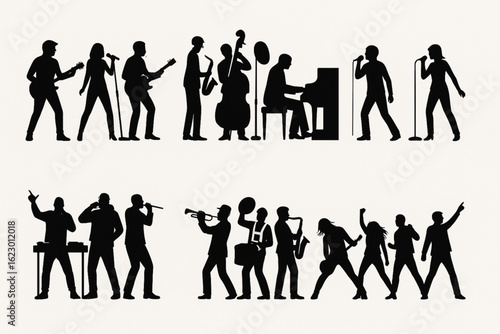 Two rows of black silhouettes on a white background showing musicians and dancers in action. Includes guitarists, singers, trumpet players, pianists, drummers, saxophonists, and expressive dancers.