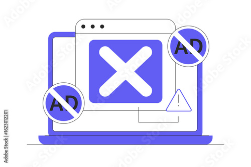 Ad blocking concept, mobile ad blocker app to improve user experience. Content consumption, mobile extensions for ad-free browsing, and internet privacy protection. Blocks ads. Flat Cartoon Vector 