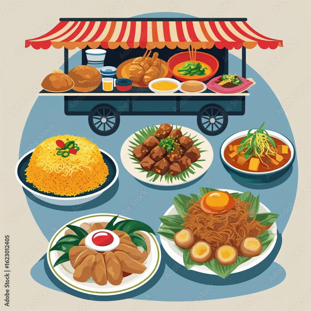 Delicious street food feast featuring a variety of traditional dishes from a mobile food cart, perfect for culinary projects Delicious street food feast featuring a variety of traditional dishes from a mobile food cart, perfect for culinary projects