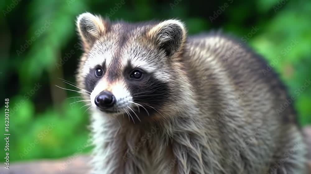 Alert Wild Raccoon Close-up Portrait with Characteristic Mask and Striped Fur in a Natural Green Forest Background Alert Wild Raccoon Close-up Portrait with Characteristic Mask and Striped Fur in a Natural Green Forest Background