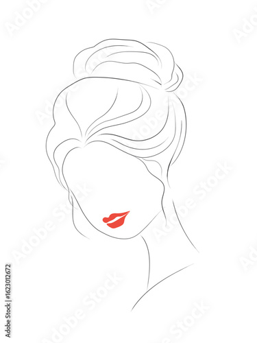 Outline faceless female head with high hairstyle. Noble lady's face, hair gathered in a high bun, long neck, sensual lips. Vector woman's face in simple lines with charmed smile. Beauty sphere, logo