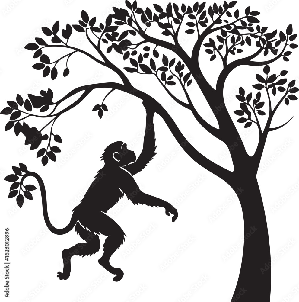 Fototapeta premium monkey Funny cartoon tree silhouette vector illustration with a dancing monkey 