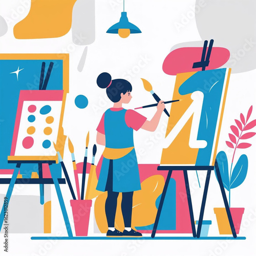 Creative artist painting vibrant artwork on canvas in colorful studio with paintbrushes, modern art, illustration, design, creativity, artistic expression, inspiration, and studio life