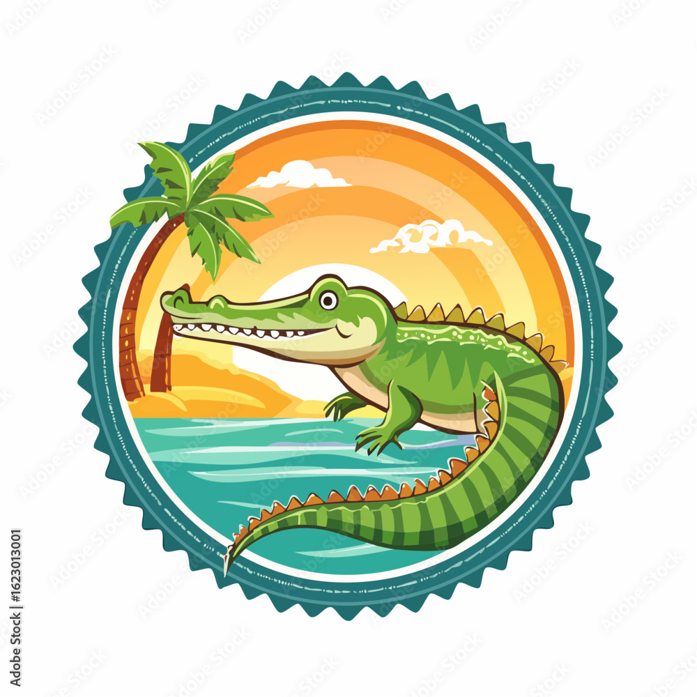Naklejka premium Cartoon Alligator Lounging on a Tropical Beach at Sunset Emblem Design Illustration