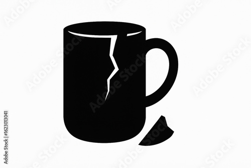 Black silhouette of a cracked mug with a vertical break along the side. A small triangular piece is broken off and lies nearby. The white background highlights the damaged silhouette.
