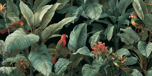 Fototapeta Naklejka Na Ścianę i Meble -  A vibrant macaw sits on a branch surrounded by dense, green tropical leaves