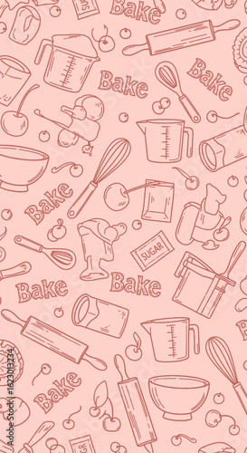 Baking themed seamless pattern with cherries, rolling pins, whisks, measuring cups, and the word "Bake".