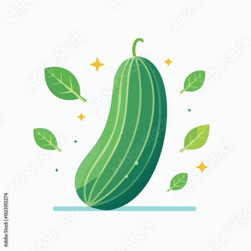 Vibrant green cucumber illustration surrounded by fresh leaves and sparkling stars