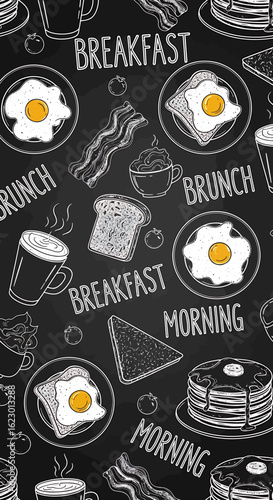 Breakfast themed chalkboard pattern with eggs, bacon, pancakes, toast, and coffee
