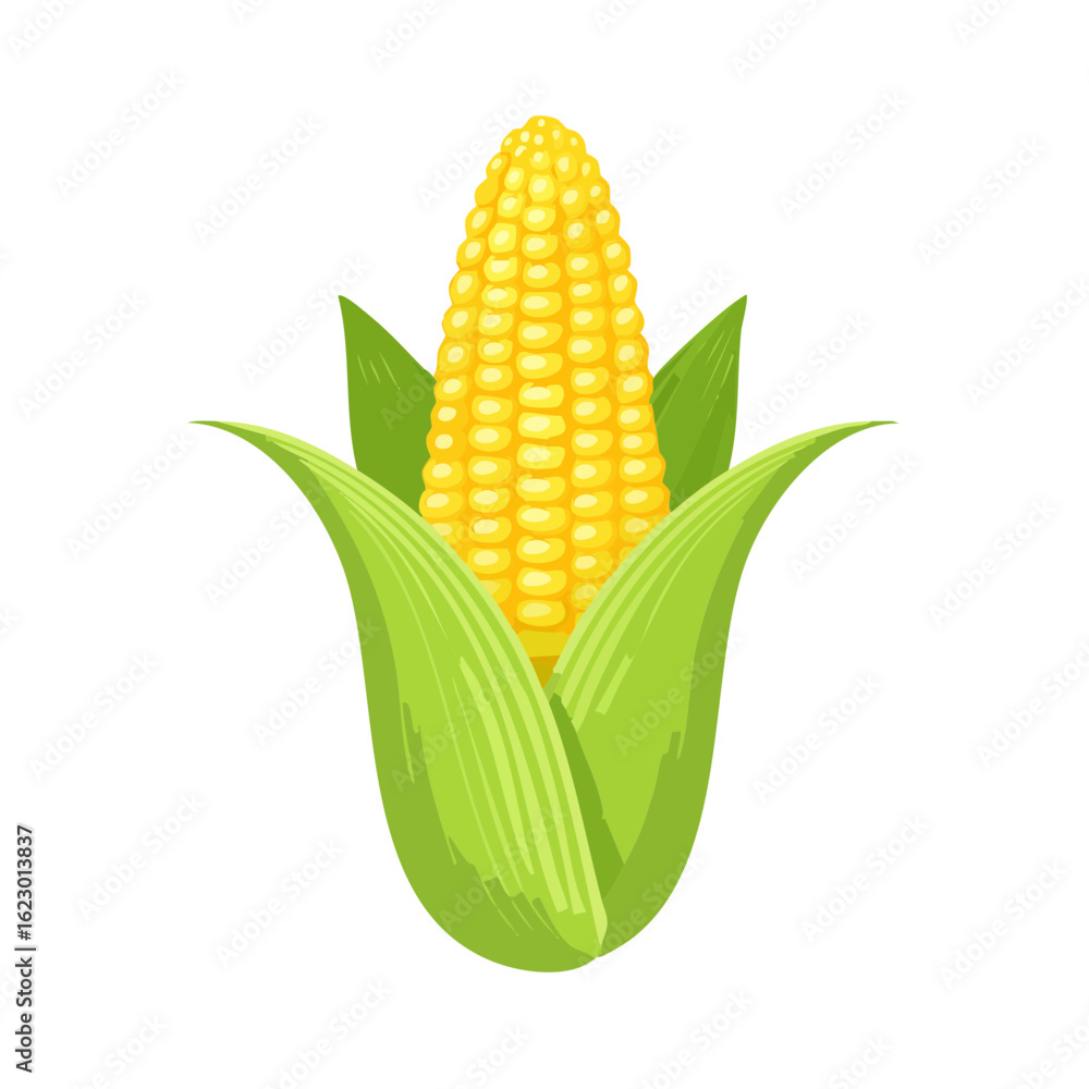 Obraz premium Cartoon illustration of ripe yellow corn on the cob with green husks against a solid black background