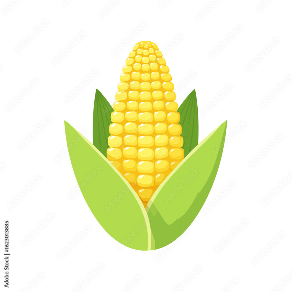 Obraz premium Fresh corn on the cob with husk, illustration of yellow sweetcorn with green leaves on black background