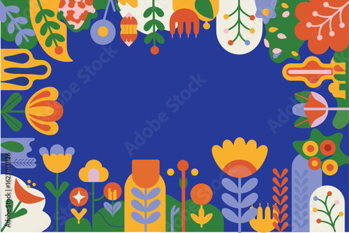 Floral border on blue colorful decorative arrangement