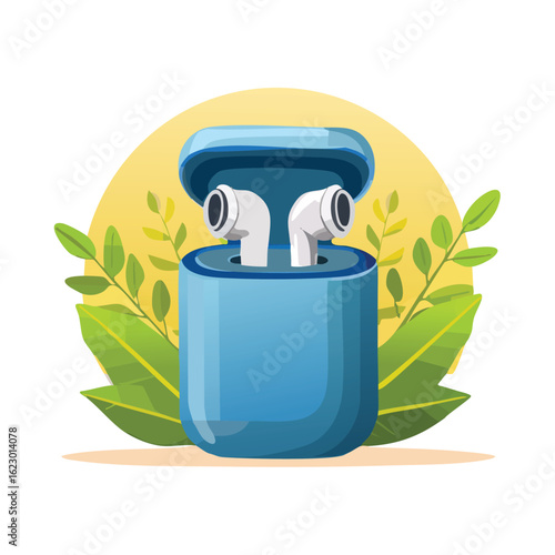 Wireless Earphones Design in a Blue Case with a Nature Background - AI Generated