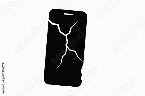 Black silhouette of a smartphone with a visibly cracked screen. The jagged cracks spread across the display, clearly indicating screen damage. White background enhances contrast.