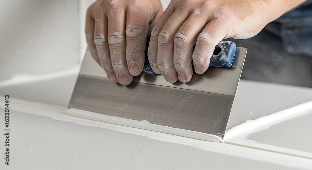 Obraz premium A worker's dusty hands use a wide putty knife to apply fresh joint compound to a white wall.