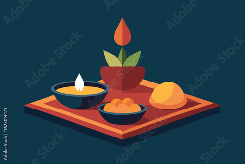 traditional thali with diya  sweets  and flowers  .eps