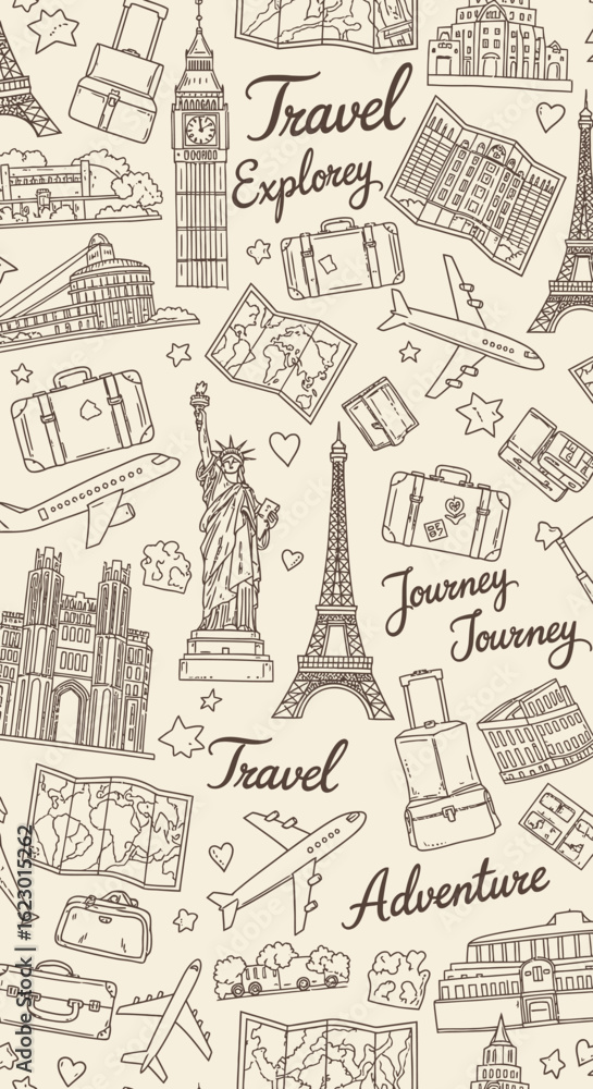 Fototapeta premium Detailed Hand-Drawn Travel-Themed Pattern with Iconic Landmarks and Suitcases.